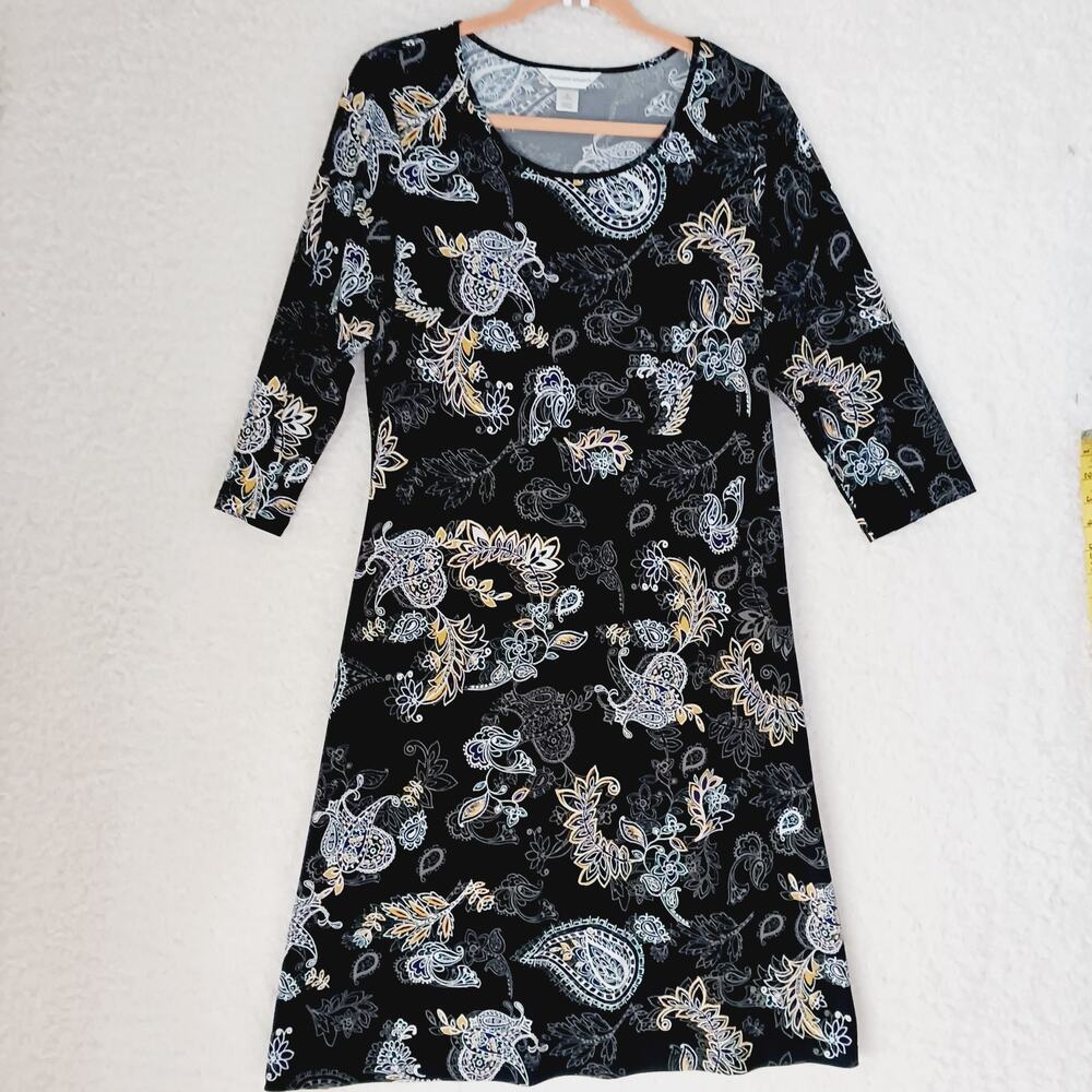 Dress Shift Knee Christopher Banks Black Blue Floral Paisley Pullover Knit Sz M
